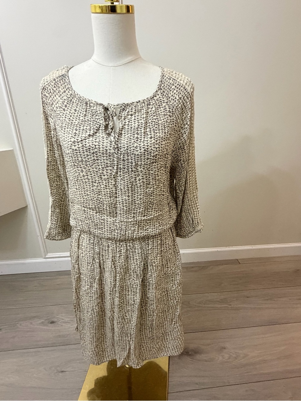 Reitmans Beige and Black Printed Tie-Neck Smocked-Waist Midi Dress - Picture 8 of 9